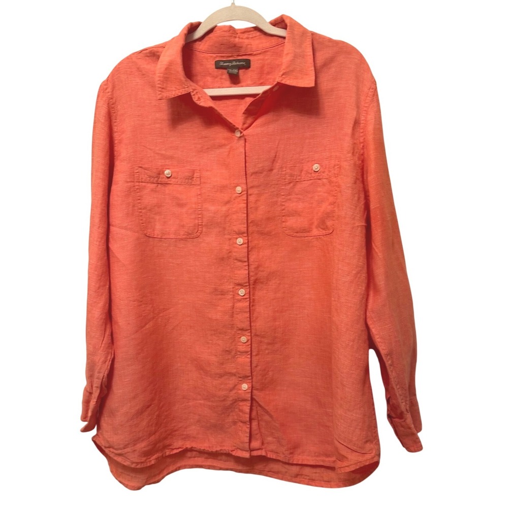 Tommy Bahama Women XXL Coral Orange 100% Linen Button Down Long Sleeve Shirt
